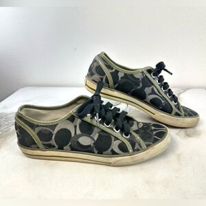 Coach Dee Black Gray Olive Patent Trim Monogram C Logo Sneakers Tennis Shoes, 6